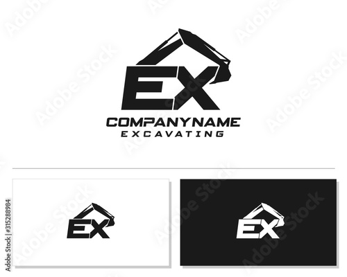 Initial E X EX excavator logo concept vector with arm excavator template vector.