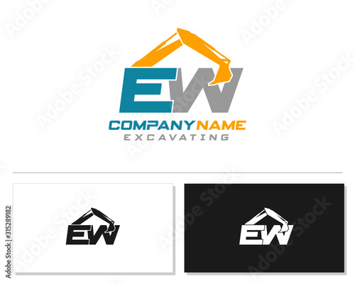 Initial E W EW excavator logo concept vector with arm excavator template vector.
