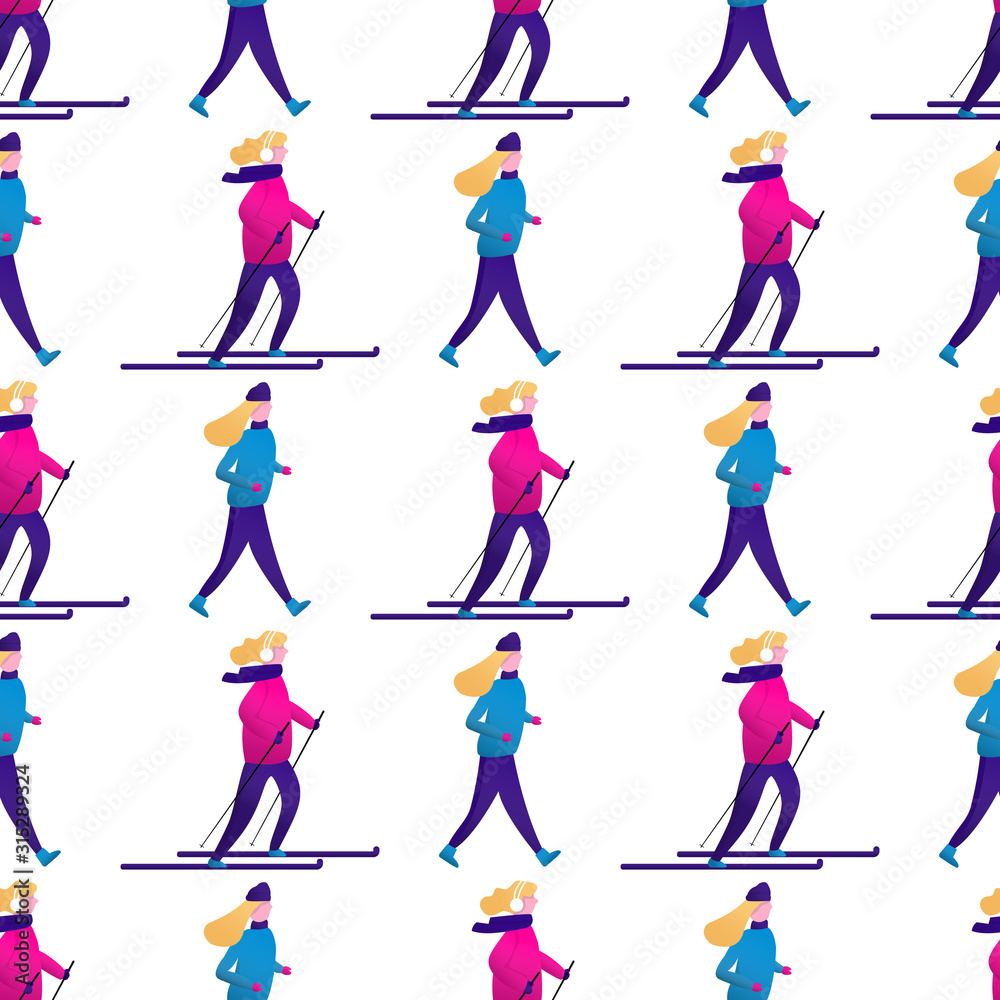 Seamless pattern with Winter landscape and small people, men and women, children and couple. Vector scene with skiing, skating. Flat characters do sports. Christmas design for greeting card, textile Seamless pattern with Winter landscape and small people, men and women, children and couple. Vector scene with skiing, skating. Flat characters do sports. Christmas design for greeting card, textile