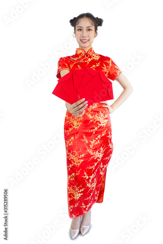 smiling woman wear red qipao holding red envelope  chinese new year concept. isolated on white background. 