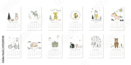  Christmas design fo 2020 calendar, greeting card, poster. 12 month with modern design, cute animals. Vector collection, set of cards