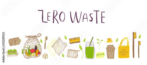 Hand drawn Zero waste concept set. No plastic elements of eco life: reusable paper, bamboo, wooden, fabric cotton bags, glass, jars, cutlery. Vector go green, bio logo or sign. Organic design template