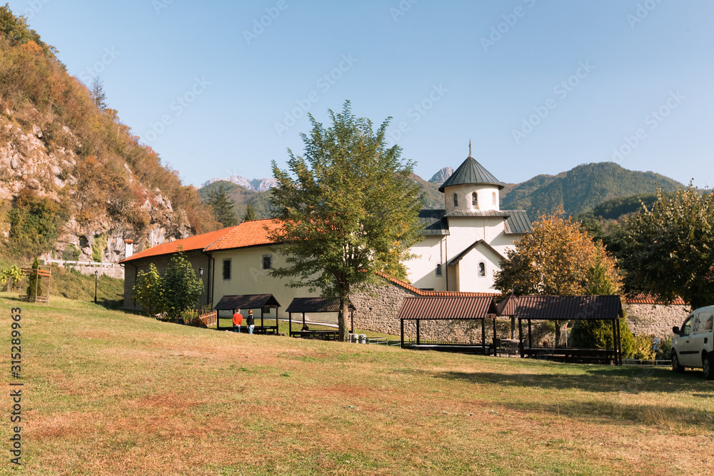  Orthodox Moraca monastery in Montenegro. Landscape with Orthodox church. Autumn colors.