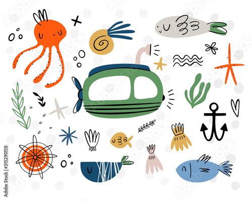 The submarine and the inhabitants of the ocean: fish, octopus, shells. Vector set of elements for your design. Doodle, hand-drawn style. Collection for children's design.