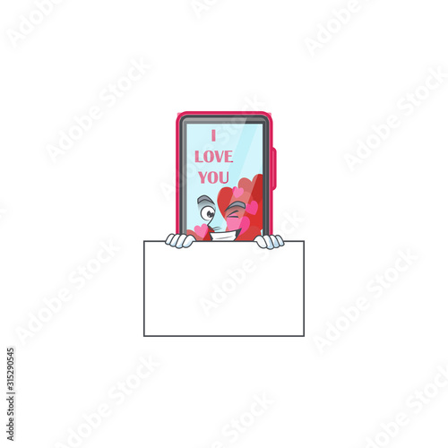 Grinning face smartphone love cartoon character style hides behind a board