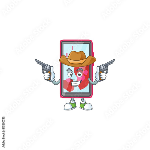 Confident smartphone love Cowboy cartoon character holding guns