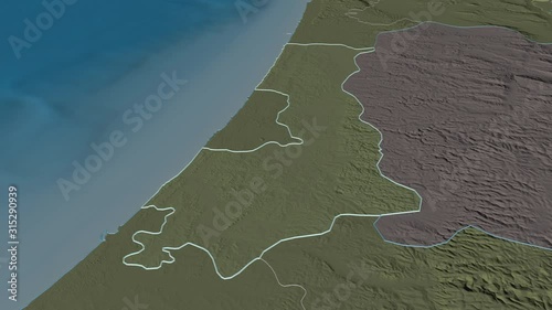 HaMerkaz, district with its capital, zoomed and extruded on the administrative map of Israel in the conformal Stereographic projection. Animation 3D photo