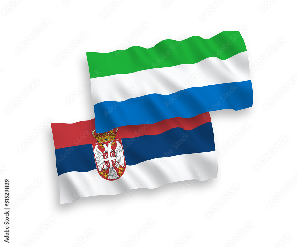 National vector fabric wave flags of Sierra Leone and Serbia isolated on white background. 1 to 2 proportion. National vector fabric wave flags of Sierra Leone and Serbia isolated on white background. 1 to 2 proportion.