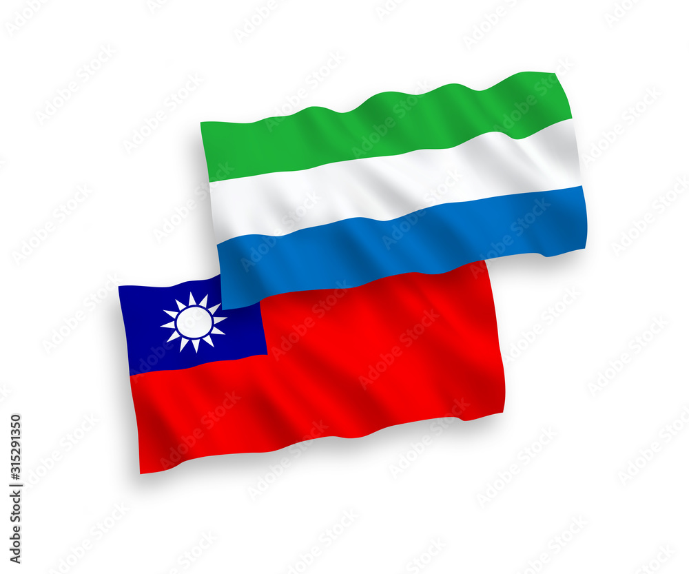 Obraz premium National vector fabric wave flags of Sierra Leone and Taiwan isolated on white background. 1 to 2 proportion.