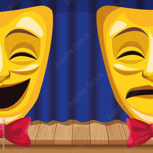 theatrical masks with bow tie stand up comedy show