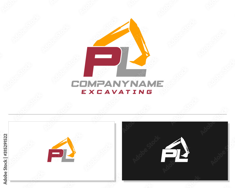 Φωτογραφία Initial P L PL excavator logo concept vector with arm excavator template vector