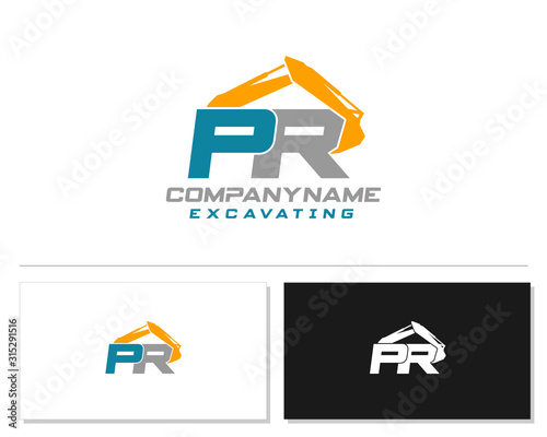 Initial P R PR excavator logo concept vector with arm excavator template vector.