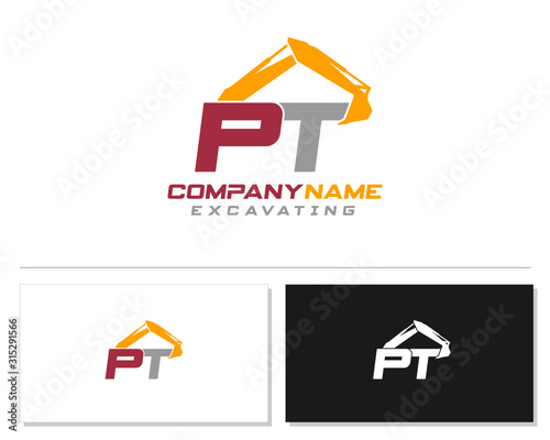 Initial P T PT excavator logo concept vector with arm excavator template vector.
