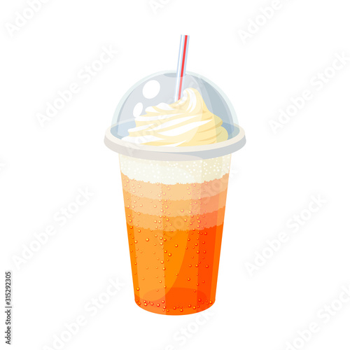 Glass of ice cream soda with cap and straw. Vector illustration cartoon flat icon isolated on white.