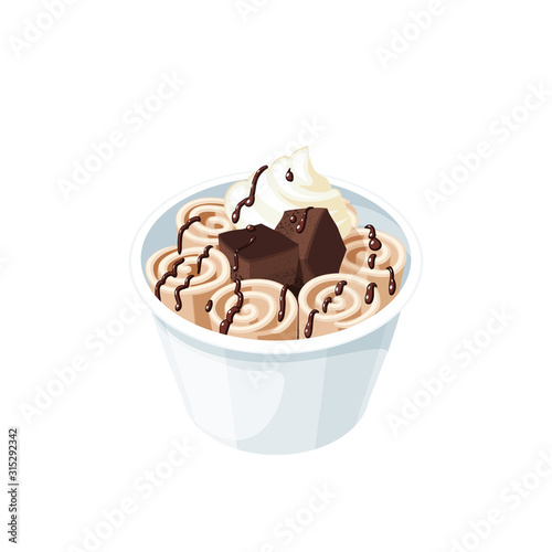 Basket of stir fried chocolate ice cream rolls under chocolate topping and whipped cream decorated with brownie. Vector illustration cartoon flat icon isolated on white.