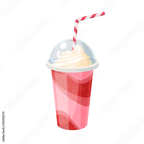 Colorful fruit milkshake design. Plastic cup with lid and straw, full of strawberry milk shake. Vector illustration cartoon flat icon isolated on white.