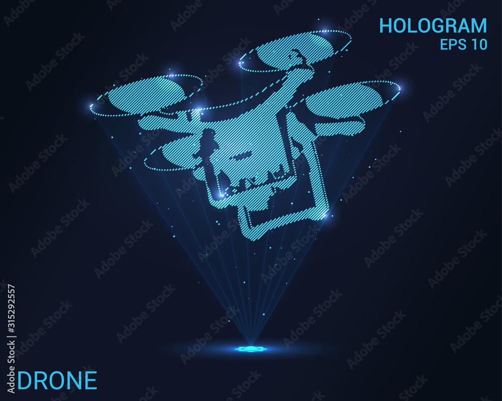 Hologram drone. A holographic projection of the drone. Flickering energy flux of particles