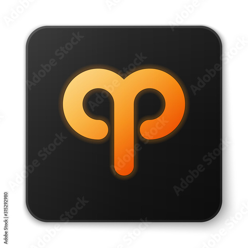 Orange glowing neon Aries zodiac sign icon isolated on white background. Astrological horoscope collection. Black square button. Vector Illustration