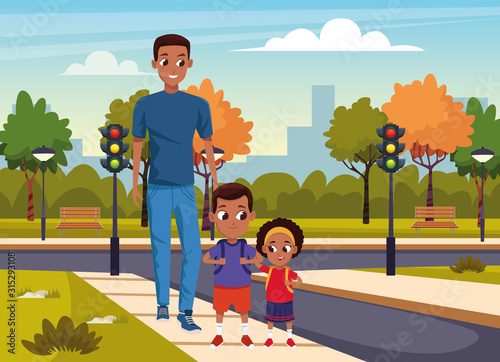 Cartoon happy father with his kids in the street over traffic lights and park background