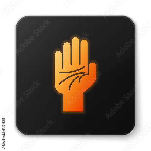 Orange glowing neon Palmistry of the hand icon isolated on white background. Black square button. Vector Illustration
