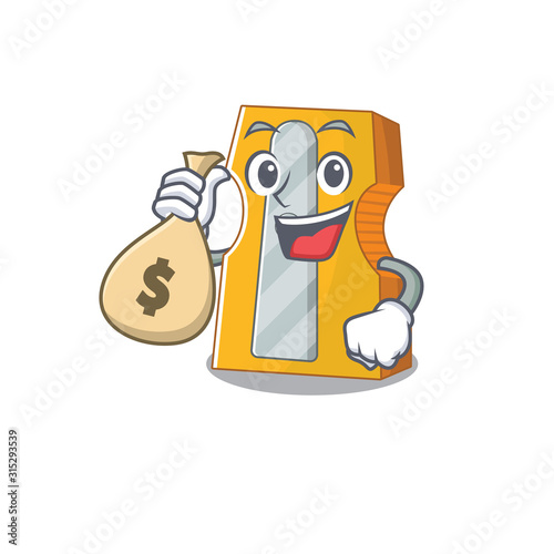 Happy rich pencil sharpener cartoon character with money bag