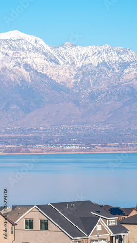 Vertical Picturesque view on Utah lake behind the town