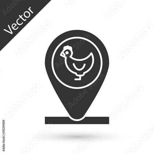 Grey Chicken farm and location icon isolated on white background. Vector Illustration