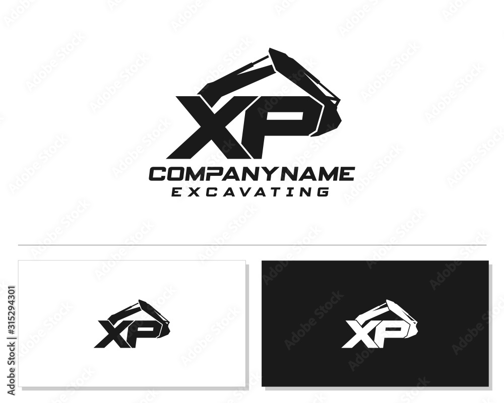 Initial X P XP excavator logo concept vector with arm excavator template vector.