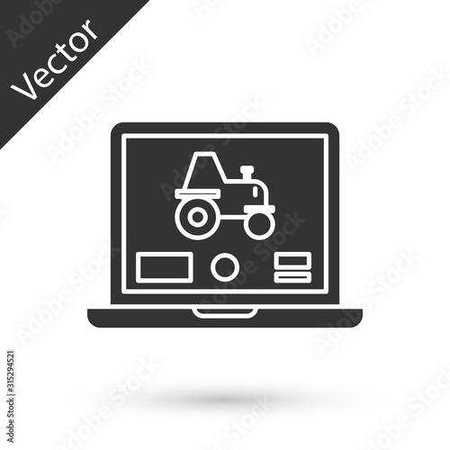 Grey Laptop application for control a autonomous tractor on a smart farm icon isolated on white background. Smart agriculture implement. Vector Illustration