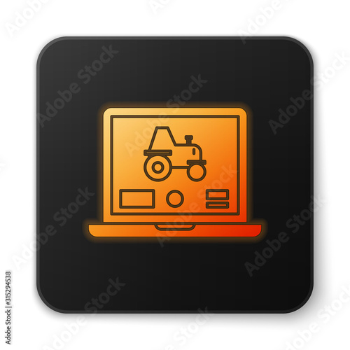 Orange glowing neon Laptop application for control a autonomous tractor on a smart farm icon isolated on white background. Smart agriculture implement. Black square button. Vector Illustration