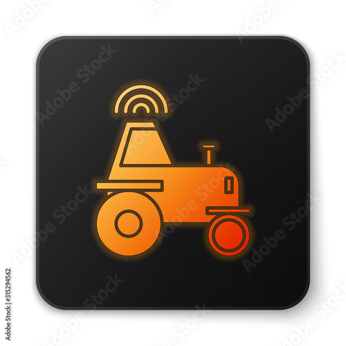 Orange glowing neon Self driving wireless tractor on a smart farm icon isolated on white background. Smart agriculture implement element. Black square button. Vector Illustration