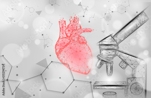 Heart science microscope 3d medicine low poly concept. Triangle red pharmacy drugstore background. Modern drug treatment recovery meds vector illustration