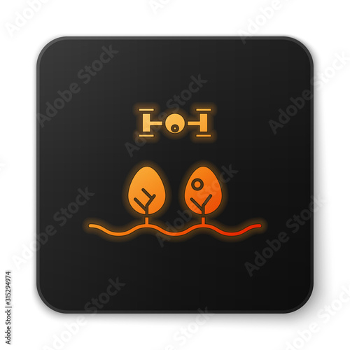 Orange glowing neon Smart farm with drone control and tree icon isolated on white background. Innovation technology for agricultural company. Black square button. Vector Illustration