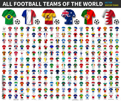 All national flags of the world . National waving jersey soccer teams with country flag pattern . Vector .