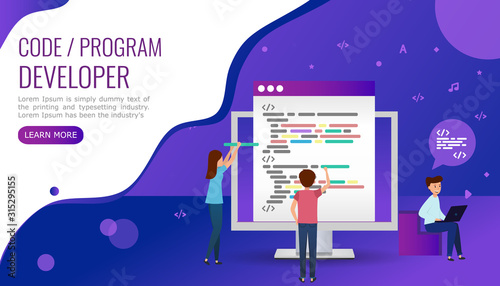 Concept for web page, banner, social media. The team writes code programming for the site. Website design development. Vector illustration in ultraviolet color.