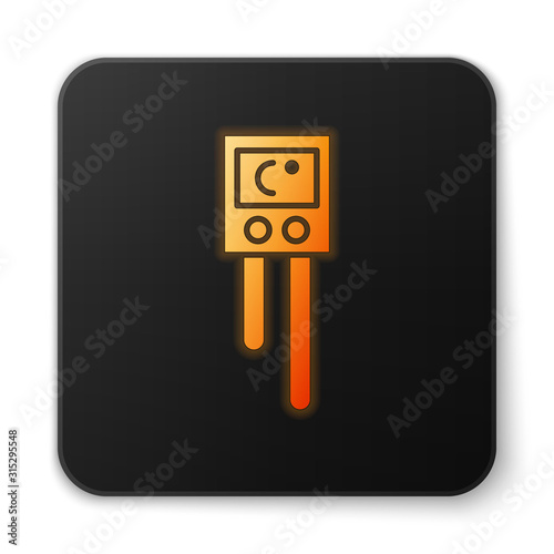 Orange glowing neon Temperature and humidity sensor icon isolated on white background. Black square button. Vector Illustration