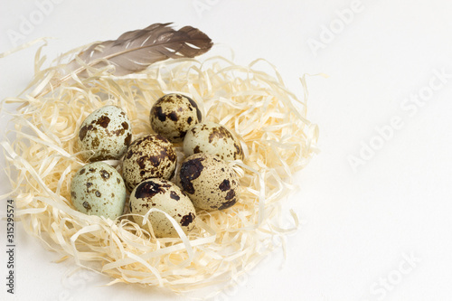 Quail eggs source of omega-3 on straw, diet food.