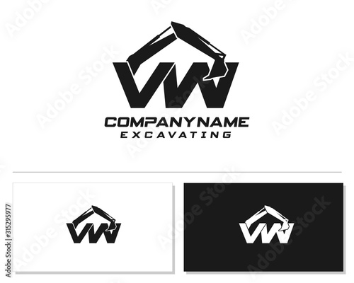 Initial V W excavator logo concept vector with arm excavator template vector.