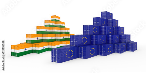 3D Illustration of Cargo Container with India Flag on white background. Delivery, transportation, shipping freight transportation.