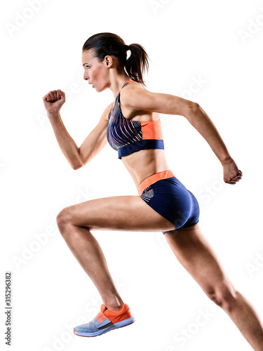 one young caucasian woman runner running jogger jogging athletics competition isolated on white background