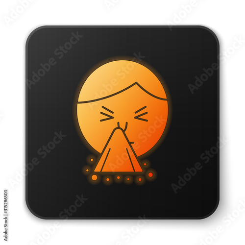 Orange glowing neon Man holding handkerchief or napkin to his runny nose icon isolated on white background. Coryza desease symptoms. Black square button. Vector Illustration