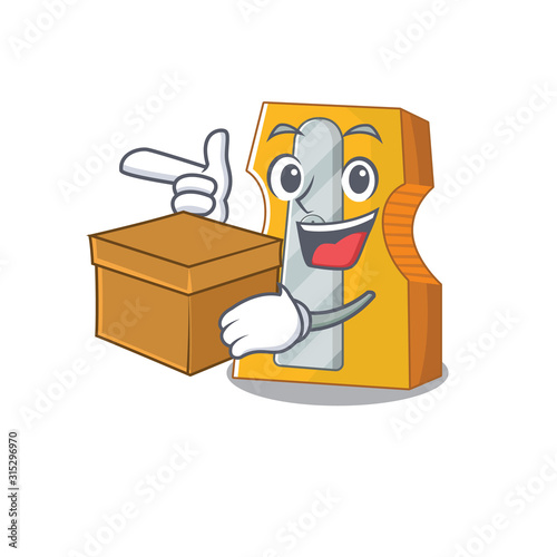 Cute pencil sharpener cartoon character having a box