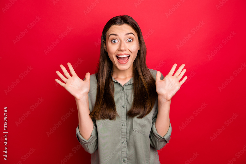 Portrait of her she nice-looking attractive lovely amazed cheerful cheery straight-haired girl great news good mood isolated over bright vivid shine vibrant red color background Portrait of her she nice-looking attractive lovely amazed cheerful cheery straight-haired girl great news good mood isolated over bright vivid shine vibrant red color background