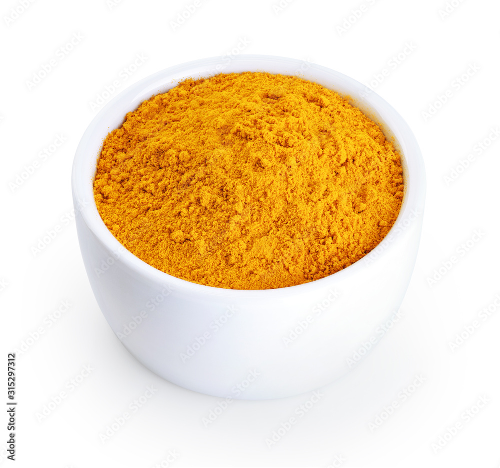 Bowl with turmeric powder isolated on white background. Bowl with turmeric powder isolated on white background.