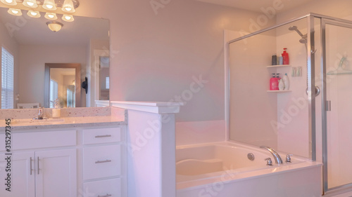 Panorama Modern spacious white luxury bathroom inter bright interiorior