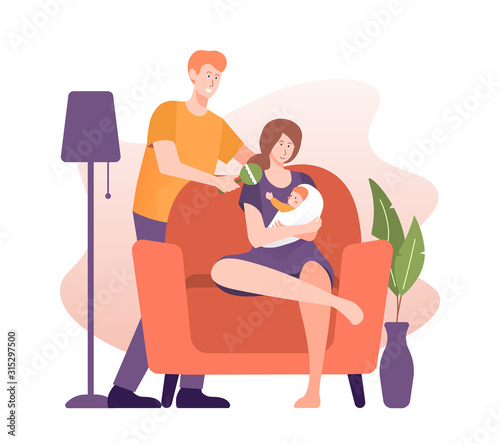 Young mother and father with newborn baby. Maternity concept