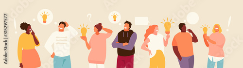 Creative group of people with ideas. Brainstorming and teamwork vector illustration
