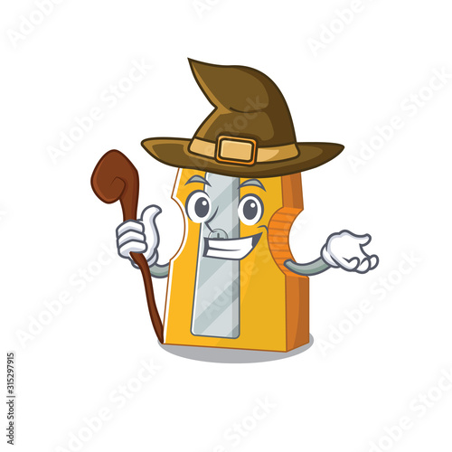 cartoon mascot style of pencil sharpener dressed as a witch