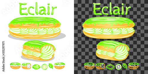 Lime eclair with green glace, text and icon