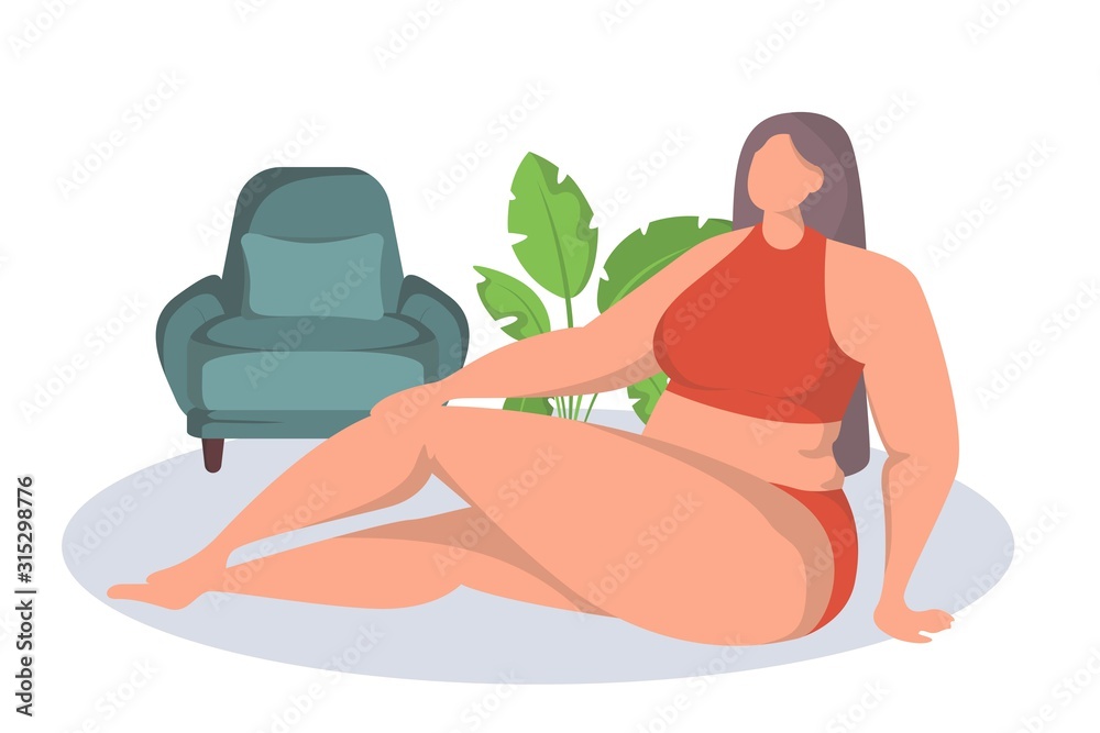 Naked confident woman accept and enjoy herself. A girl with curvaceous forms sits on the floor with his legs crossed and posing.